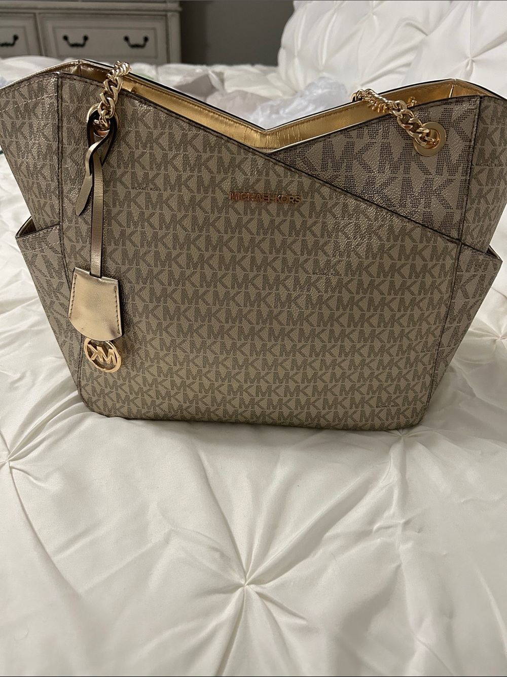 Michael Kors Beige Monogram Tote with Gold Accents